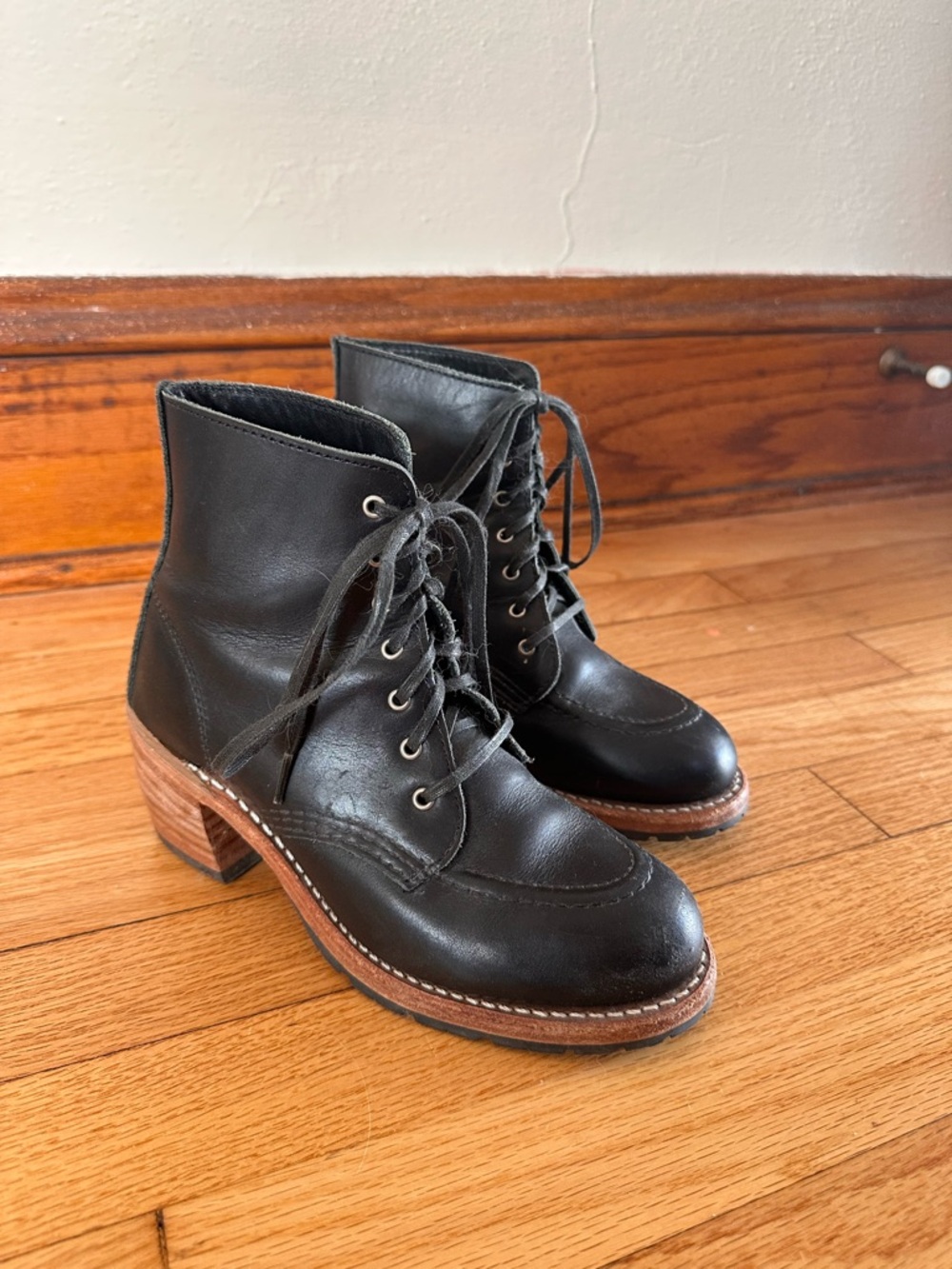 Red Wing Shoes Black Leather Lace-Up Ankle Boots with Brown Stacked Heel